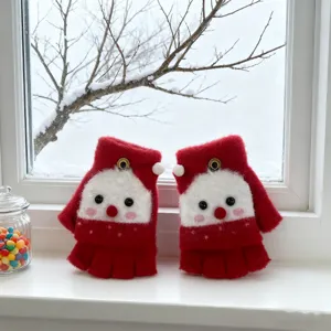 Cute kids winter warm knitted flip gloves, cartoon fleece-lined half-finger winter mittens.