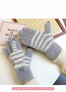 Cozy winter plush touchscreen gloves in grey and white stripes, warm thermal knit gloves.