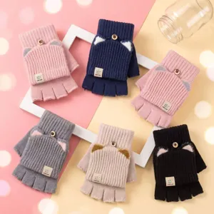 Cute cat ear knit convertible fingerless gloves for cozy winter warm daily wear typing