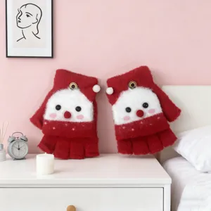 Cute kids fleece lined knitted flip gloves, winter warm half finger cartoon thermal gloves.