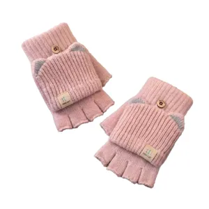 Cute pink knitted cat ear flip-top fingerless gloves warm winter student half-finger mittens