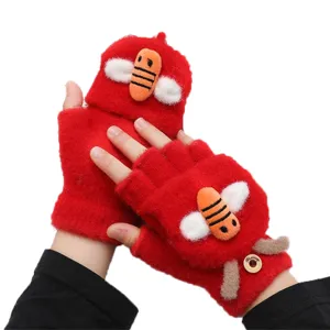 Rote Strick-Fingerlos-Handschuhe mit süßem Bienendesign, warme Plüsch-Winterhandschuhe.