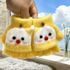 Kids Winter Warm Knit Gloves Cute Cartoon Snowman Flip Cover Half Finger Gloves Acrylic Plush Lined Children Gloves