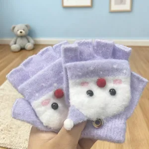 Cute fleece-lined flip-top half-finger knitted gloves for kids with adorable cartoon design.
