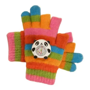 Bunte gefrickte Kinder Winterhandschuhe mit niedlichem Panda Uhren Design, warme Kuschelhandschuhe.