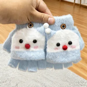 Cute warm knit half finger gloves with plush snowman design for winter kids wear