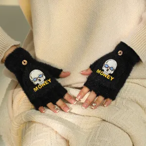 Winter Warm Plush Half Finger Gloves Women Cute Japanese Style Halloween Luminous Skull Print Thermal Cycling Gloves