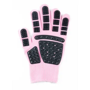 Pet grooming glove for cats and dogs, pink knitted bath massage brush with rubber tips.