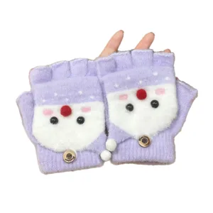 Cute cartoon snowman fleece-lined half-finger knitted gloves for kids warm winter convertible mittens