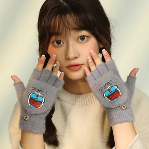 Winter warm knitted flip half finger gloves for women students plush grey cute gloves main view