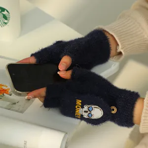 Winter plush flip half-finger gloves for women, cute skull embroidery warm fleece knit mittens.