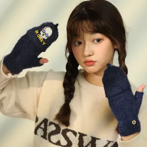 Winter warm plush flip half-finger gloves for women students cute cycling mittens