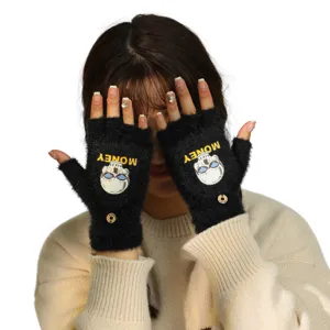 Winter warm half-finger plush gloves for women, black skull streetwear style cozy mittens.