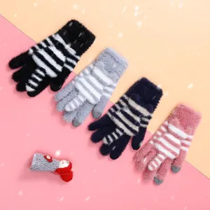 Winter fluffy touch screen gloves set, warm cute striped knit gloves for women and students.