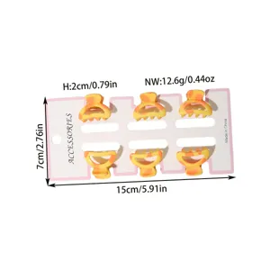 Detailed dimensions and weight for 6-piece mini yellow hair claw clip set on card