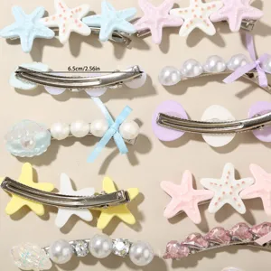 Detail des Haarspangen-Sets im Ozean-Stil mit Seesternen, Perlen und 6,5 cm Maß