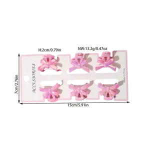 Close-up showing a 6-piece set of mini bow hair claw clips with measurements