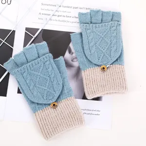 Women winter half finger convertible knit gloves cute warm flip top gloves for typing