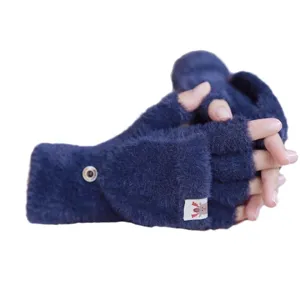Winter warm half-finger flip gloves, thickened imitation mink knit convertible mittens for women.