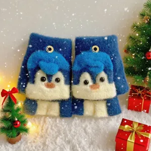 Winter kids cartoon penguin convertible gloves cute warm half finger mittens for boys girls
