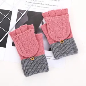 Women Winter Fleece Warm Knitted Half-Finger Flip Gloves Cute Convertible Fingerless Mittens