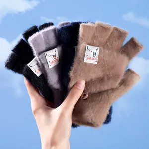 Winter Warm Knitted Wool Gloves Men Women Thickened Flip Cover Half Finger Gloves Casual Solid Color Soft Thermal Handwear