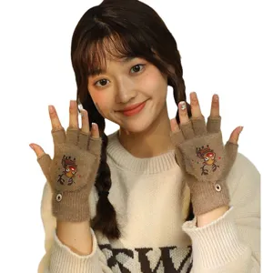 Cute winter thermal fingerless gloves for women, warm plush knit half-finger mitten with reindeer.