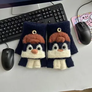 Cute cartoon penguin knit half-finger gloves for kids winter warm convertible flip top design.
