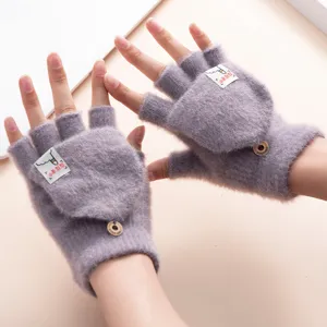 Warm fuzzy knitted half-finger convertible gloves for winter, comfortable student style wear.