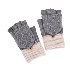 Women winter knitted half finger flip cover gloves cute warm wool mitten student writing