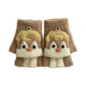 Cute cartoon animal winter warm half-finger gloves for kids, plush flip design style.