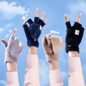 Cozy winter warm plush half-finger flip gloves knit wool mittens for men and women.