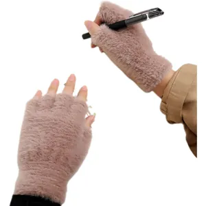 Fuzzy plush half-finger knitted gloves for women and men, warm winter writing gloves.