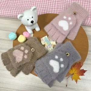 Cute fuzzy half finger flip warm knit gloves for women winter paw print mittens set