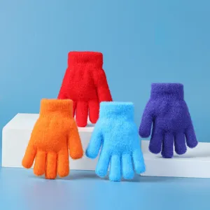 Kinderen Winter Warm Gebreide Handschoenen Effen Kleur Verdikt Imitatie Nertsvel Vijf Vingers Handschoenen Voor Kinderen Koude Weer