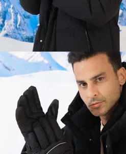 Detailed view of winter heated gloves and thermal jacket, waterproof and touch screen friendly.
