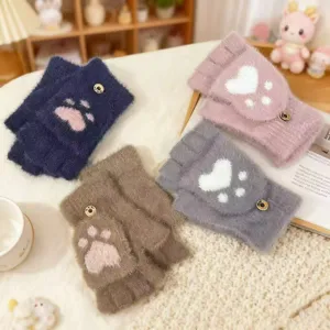Winter warm plush half-finger convertible gloves cute cat paw knit gloves for students men women
