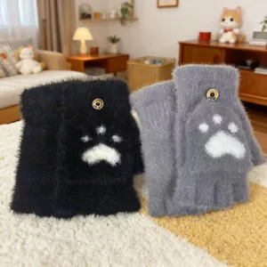 Winter plush convertible fingerless gloves for men, warm thick mink velvet knit with cat paw.
