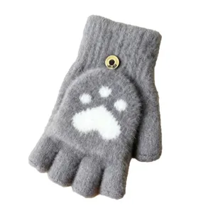 Grey plush half-finger flip-top winter knit gloves with cute white paw print design