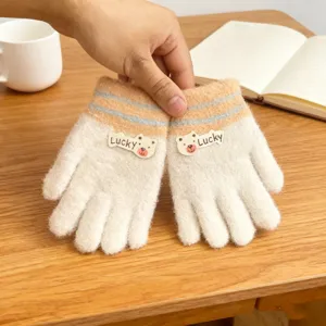 Toddler winter warm knitted gloves cute bear pattern thick fleece lined kids mittens 1-3 years