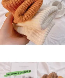 Winter knit touchscreen gloves for women, thick warm wool five-finger gloves detail view.