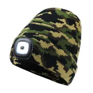 Detailweergave van camouflage LED gebreide muts met voorverlichting voor de koude winter.