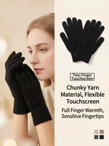 Nahaufnahme von feinen Strick-Touchscreen-Handschuhen am Model für warme Hände.