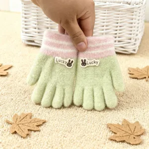 Cute kids knitted gloves winter warm five finger soft toddler gloves green pink stripe