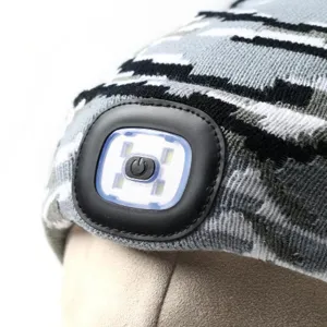 Gedetailleerd overzicht van oplaadbare LED gebreide muts, warme winter koplamp muts outdoor.
