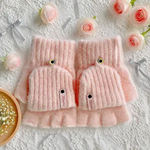 Cute fleece lined winter warm knit fingerless flip top gloves for women and students.
