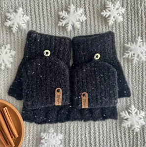 Detail view of winter warm woolen fingerless convertible flip-top gloves, fleece lined design.