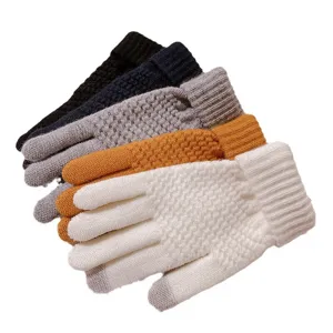 Winter knitted touch screen gloves for women, warm five finger thick wool mittens set.