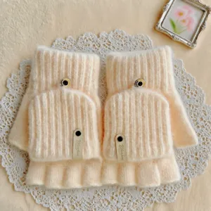 Women Winter Cute Fleece Lined Warm Wool Knit Half Finger Flip Cover Gloves Student Writing Convertible Mittens