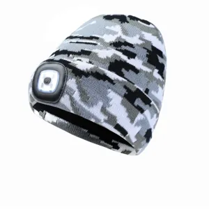 Grijs camo LED muts, warme gebreide wintermuts met ingebouwde hoofdlamp voor buiten sport.